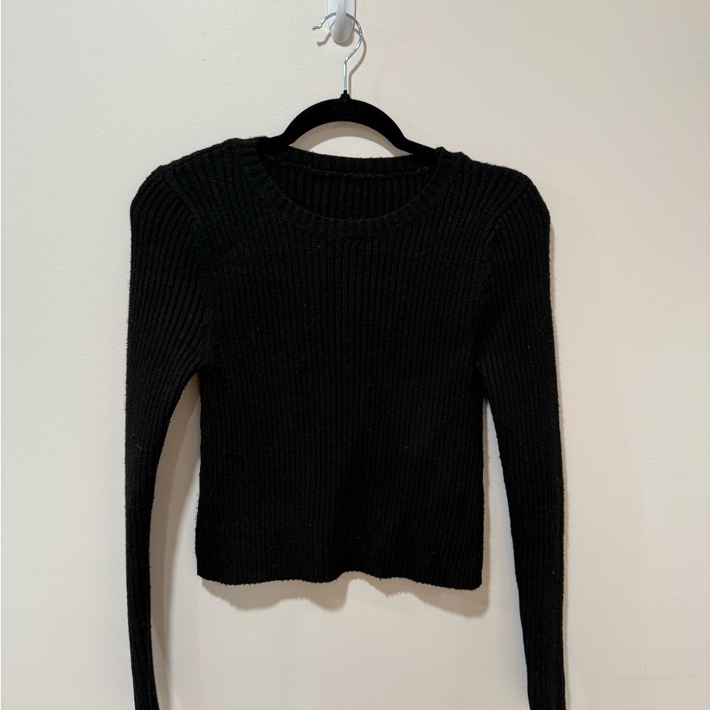 Black Ribbed Knit Sweater Cotton Cropped